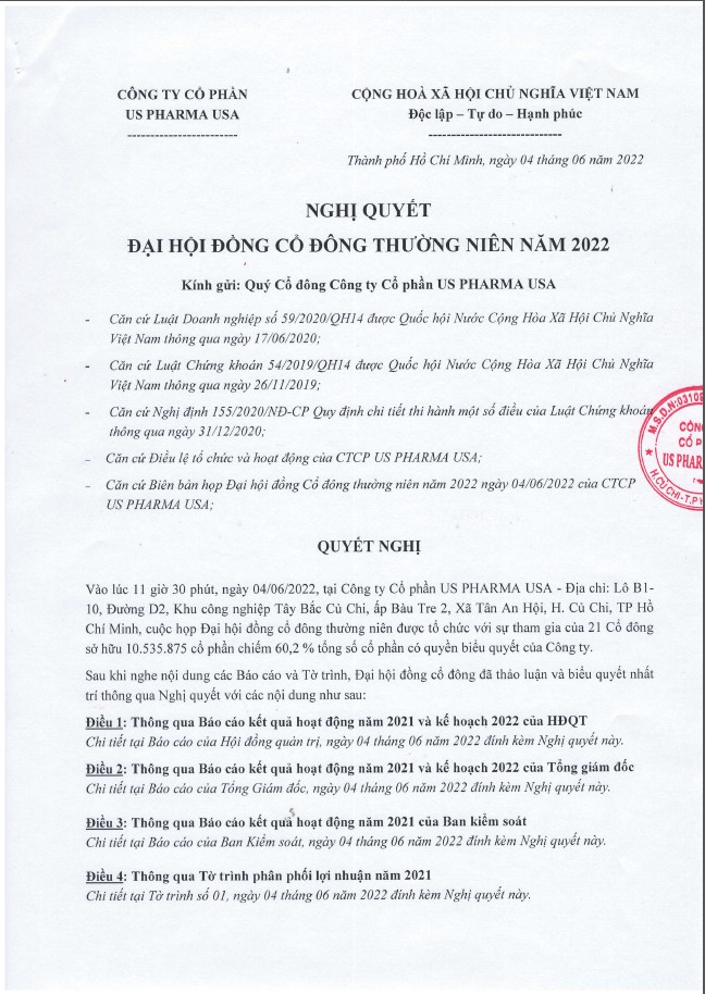 NGHỊ QUYẾT ĐẠI HỘI ĐỒNG CỔ ĐÔNG THƯỜNG NIÊN NĂM 2022
